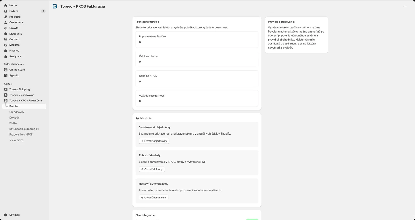Torevo KROS Fakturácia dashboard embedded in Shopify Admin