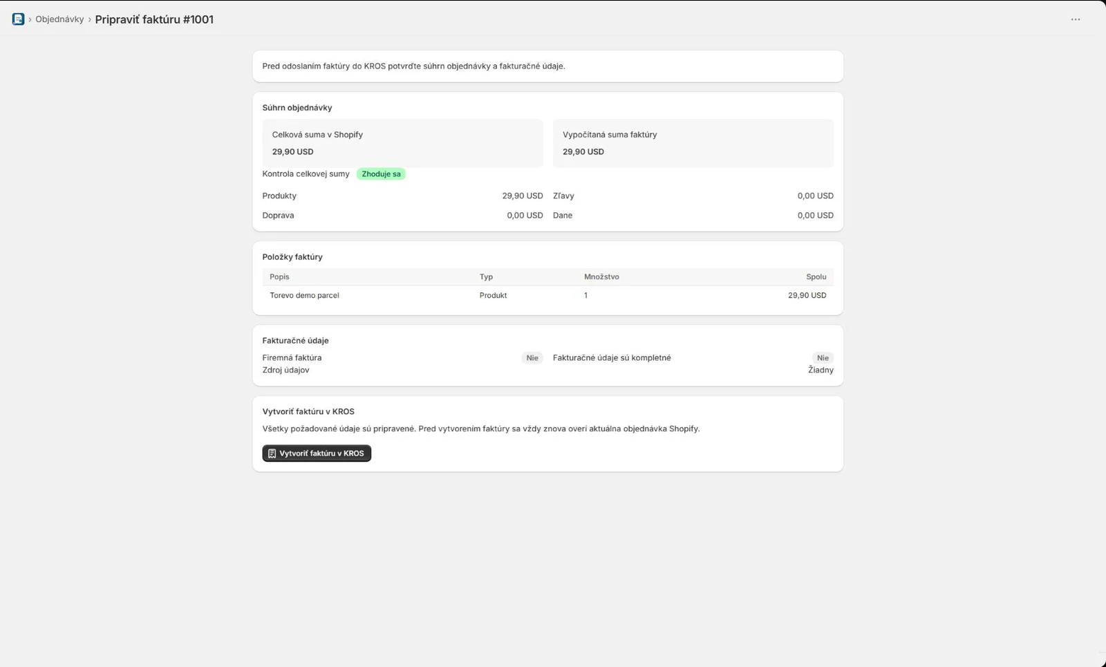 Invoice totals, lines and billing identity reviewed before KROS submission