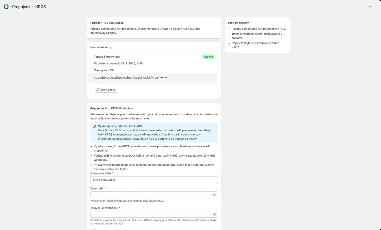 Connecting and verifying a KROS Fakturácia account in Torevo