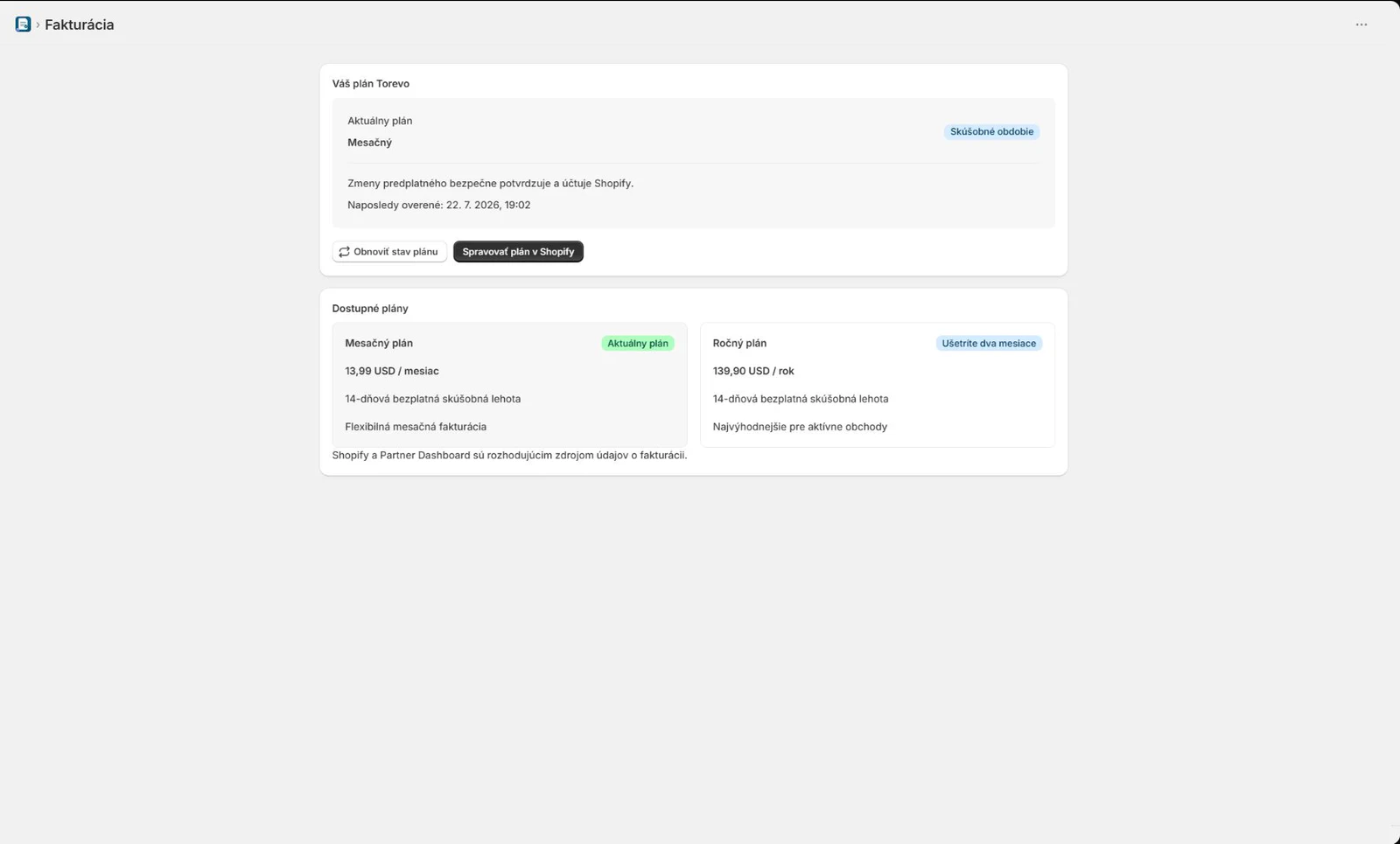 Torevo KROS Fakturácia plan state and Shopify plans