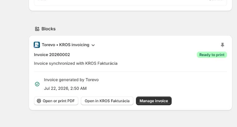 Torevo invoice block on a Shopify order with PDF print and KROS actions