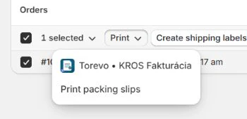 Torevo KROS Fakturácia in the Print menu for selected Shopify orders