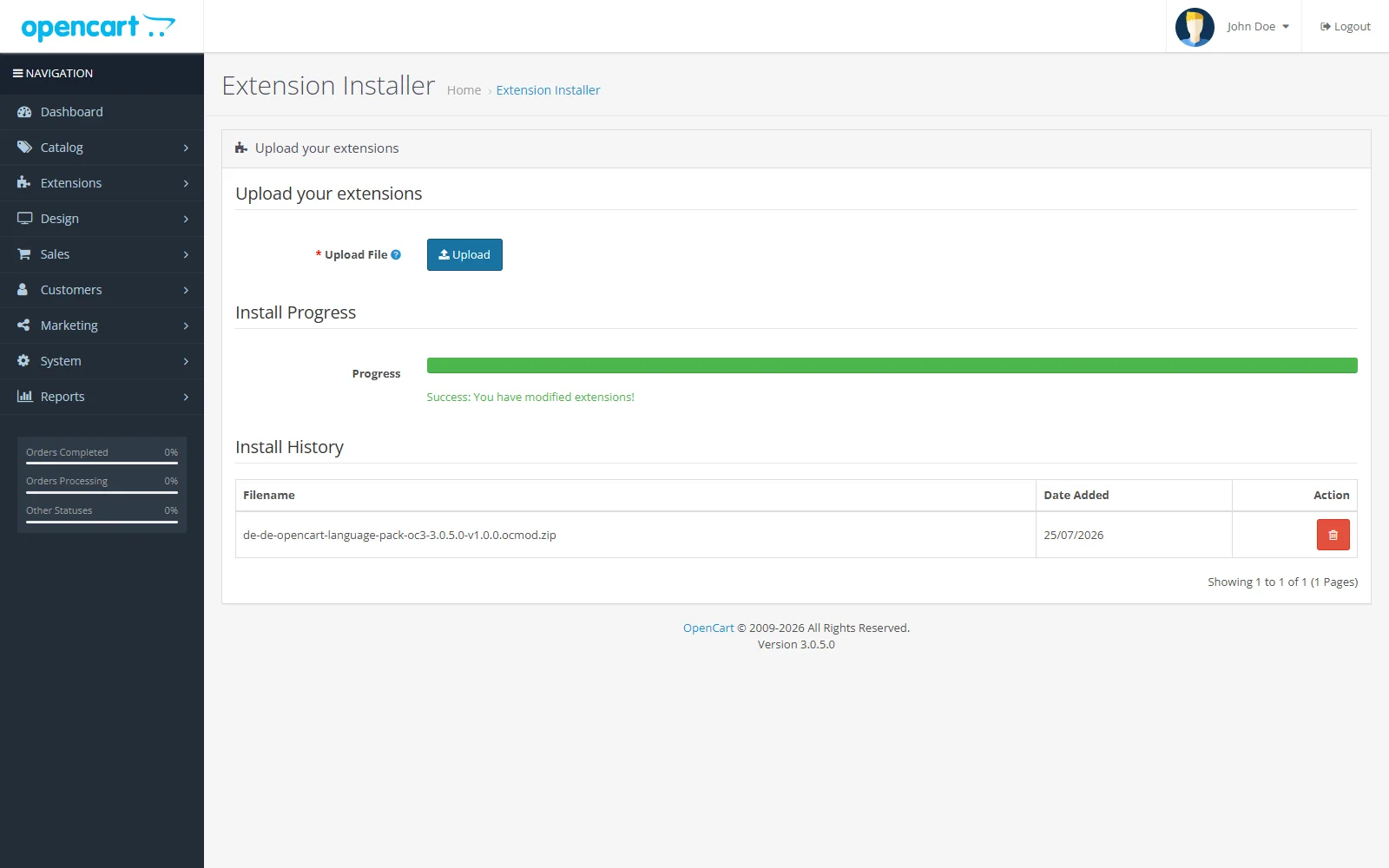 German language pack successfully installed in the OpenCart 3 Extension Installer