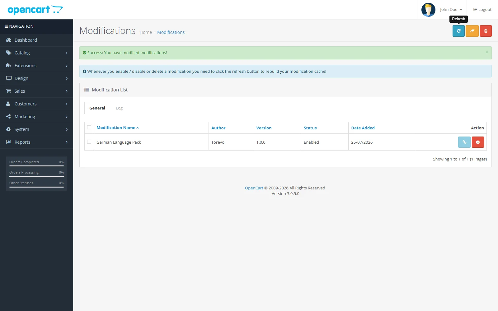 OpenCart 3 Modifications page after the refresh operation