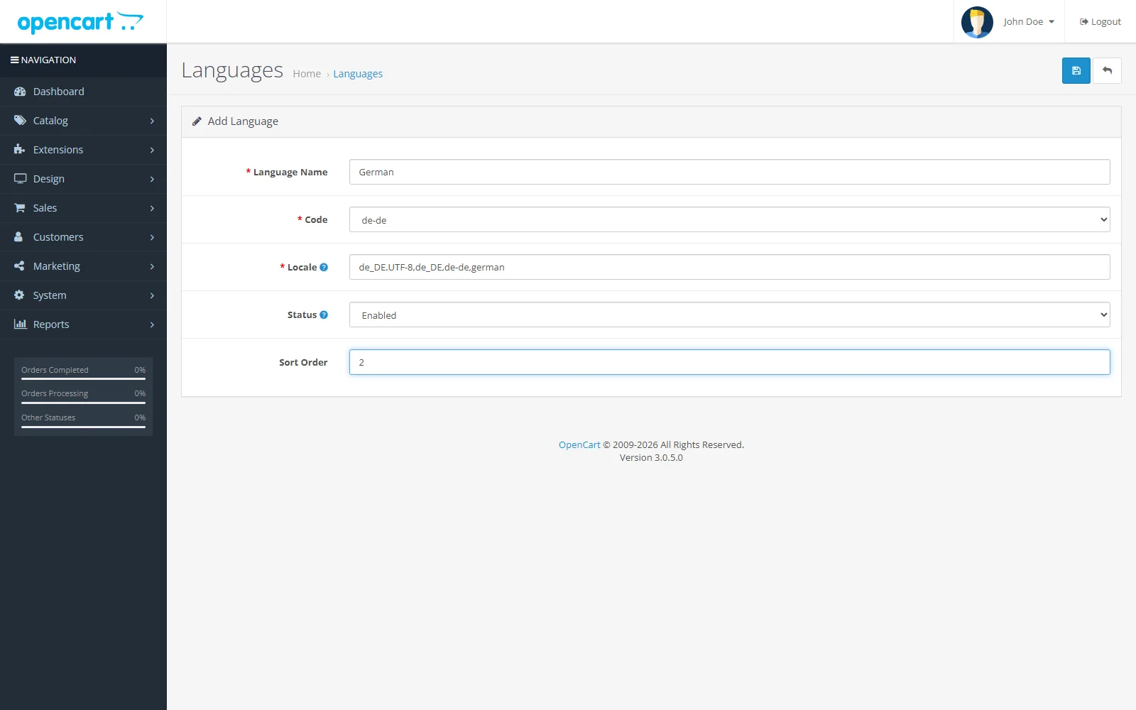 German language values prepared in the English OpenCart 3 language form
