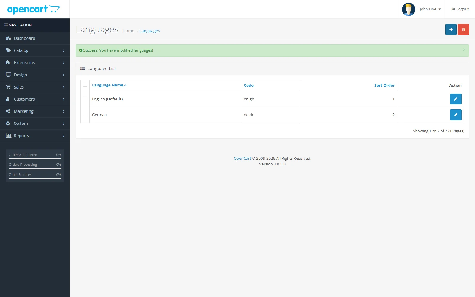 German and English languages listed in OpenCart 3 Admin