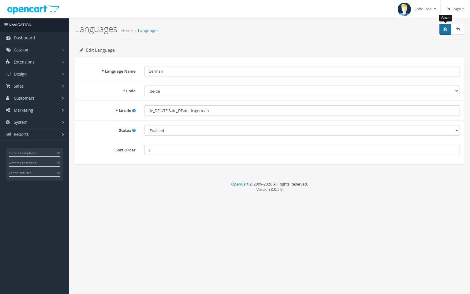 Saved German language settings in the OpenCart 3 edit form
