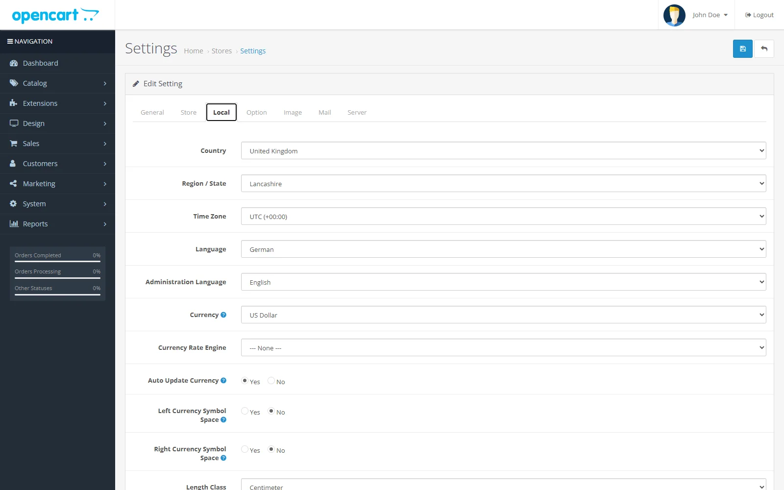 German storefront language and English administration language selected in OpenCart 3 settings