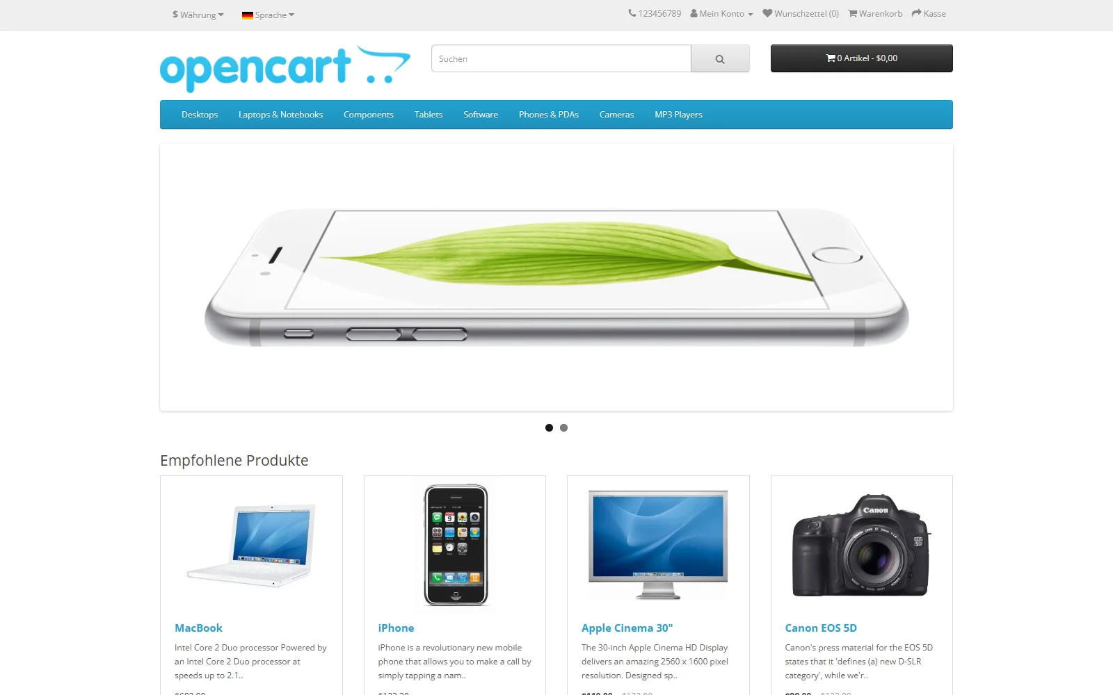 OpenCart 3 storefront displayed in German after language-pack installation
