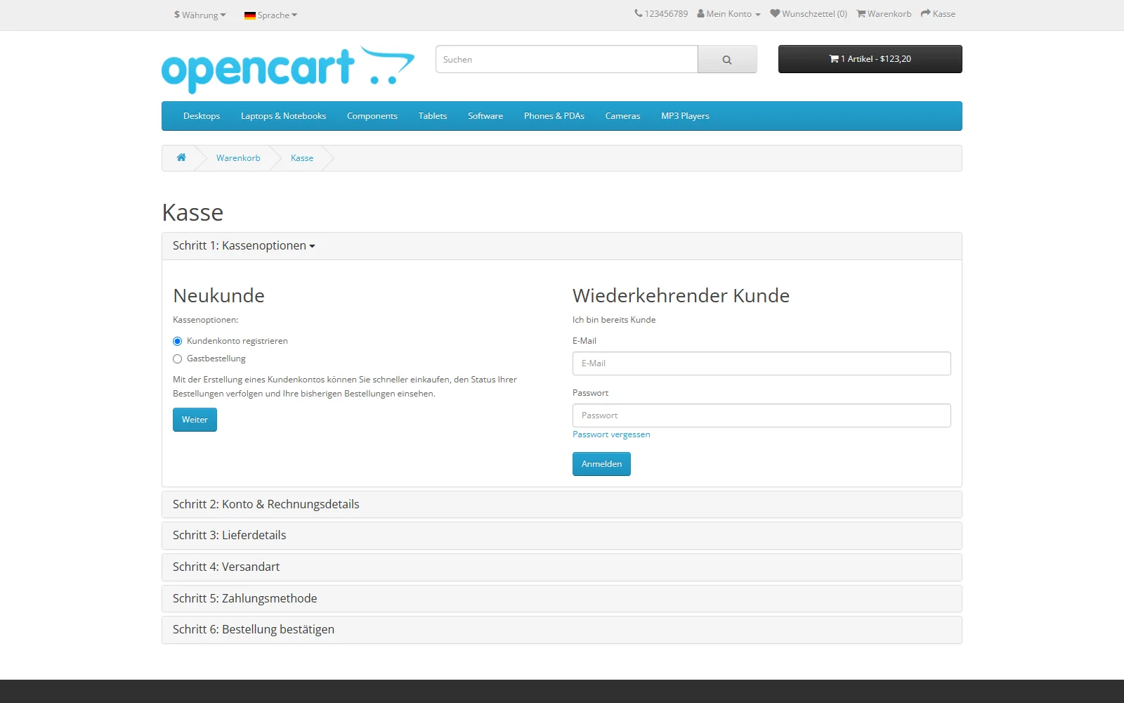 OpenCart 3 checkout displayed in German with a product in the cart