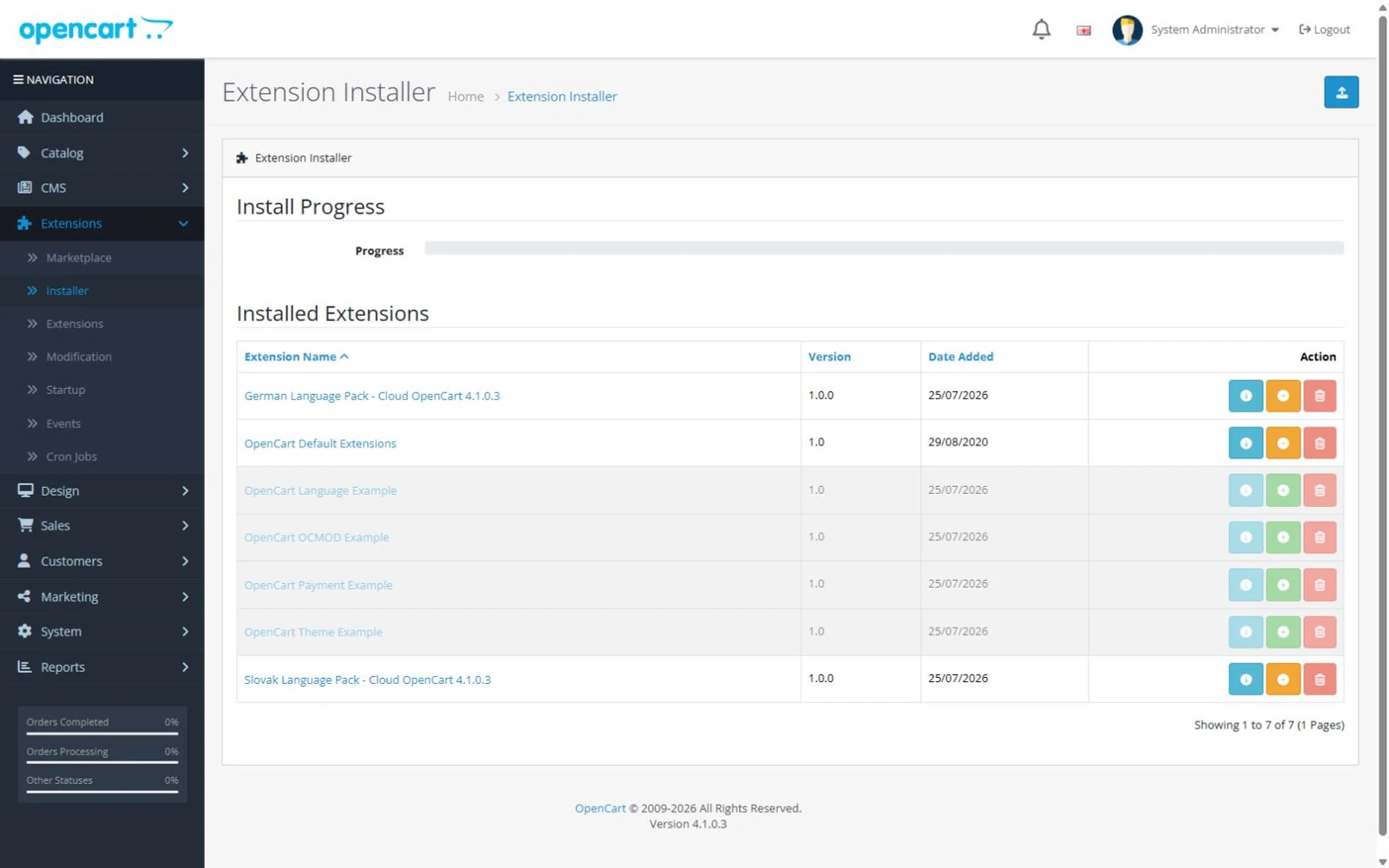 German language package successfully installed in OpenCart 4 Installer