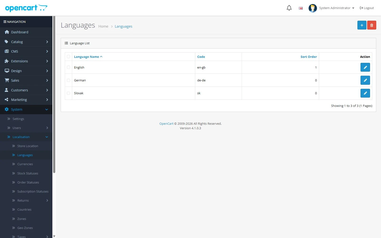 German language with code de-de in the OpenCart 4 language list
