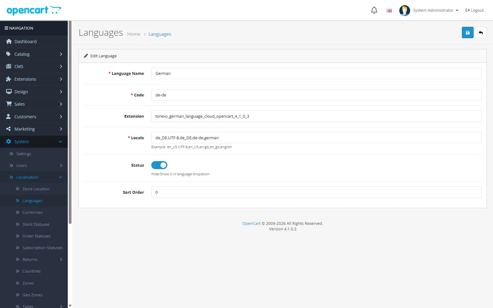 German language edit form in OpenCart 4