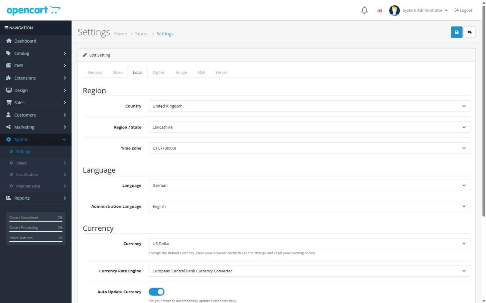 German selected in the local settings of an OpenCart 4 store