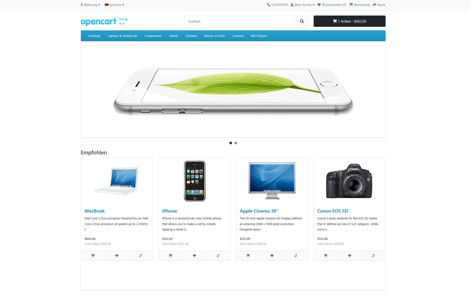 OpenCart 4 storefront displayed in German after language-pack activation