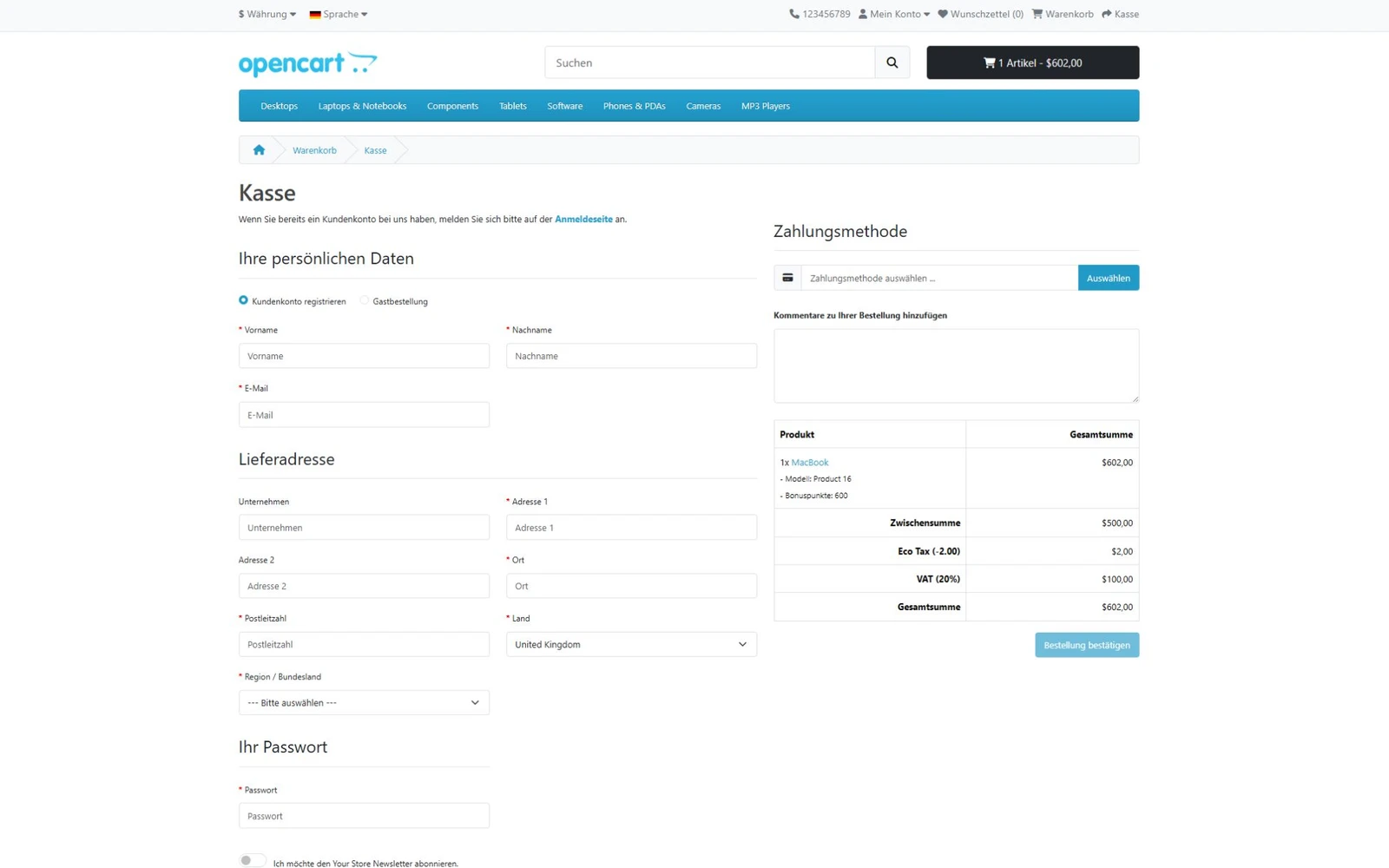 OpenCart 4 checkout displayed in German with a product in the cart